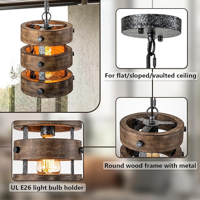 2pack Farmhouse Wood Pendant Lights Kitchen Island, Dining Room Lighting Fixtures Over Table Rustic Chandelier Height Adjustable Hallway Light for Foyer Living Room Bar Restaurant
