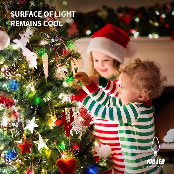 WATERGLIDE C6 Christmas Lights, 33ft 100 LED Faceted String Lights Green Wire Fairy Lights with 29V Safe Adaptor, 8 Lighting Mode, Waterproof for Indoor Outdoor Patio Xmas Tree Party Decor, Multicolor