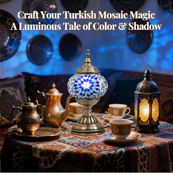 DIY Turkish Mosaic Lamp Kit, Stained Glass Table Lamp Making Kit- Easy and Fun, No Experience Needed, Mosaic Art & Craft Project Kits for Adults & Teens, Make Your Own Table Lamp,Blue