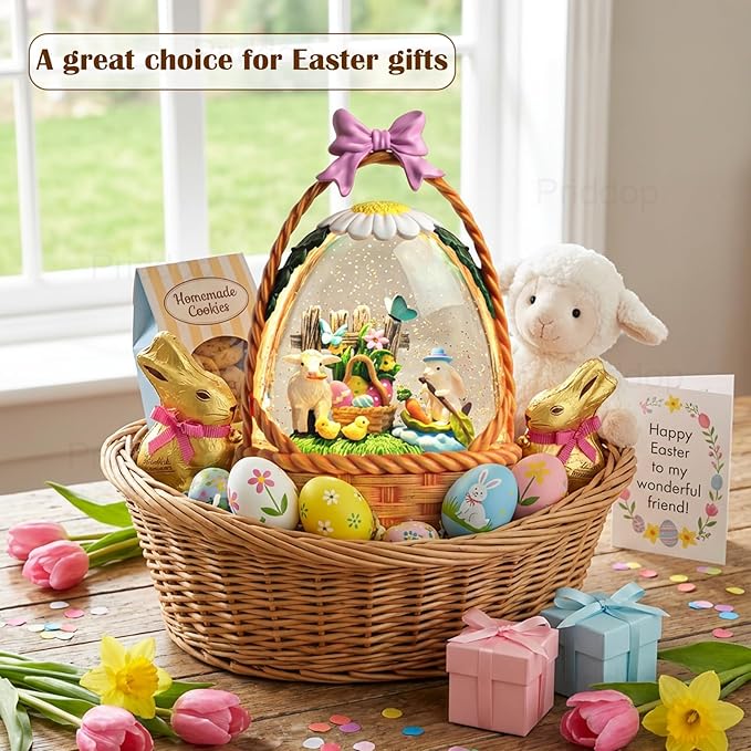 Easter Bunny Snow Globe Basket Egg Easter Decorations for Home Rabbit Sheep Chick Flower Butterfly Tabletop Glitter Snowfall USB/Battery Timer 9.5 inch