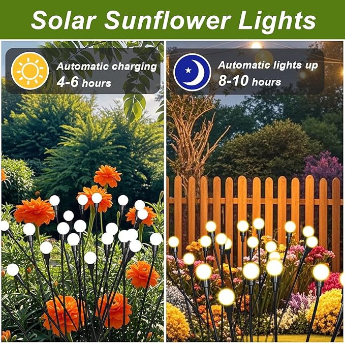 8 Packs Solar Firefly Lights, 64 LED Warm Solar Walkway Lights Outdoor, Waterproof Swaying Light Garden Decor with 2 Modes, Lawn Light for Front Yard Backyard Yard and Pathway
