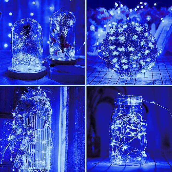 2 Pack Total 200 LED 66FT Solar Powered Copper Wire String Lights Outdoor, Waterproof, 8 Modes Fairy Lights for Garden, Patio, Party, Yard, Christmas (Blue)