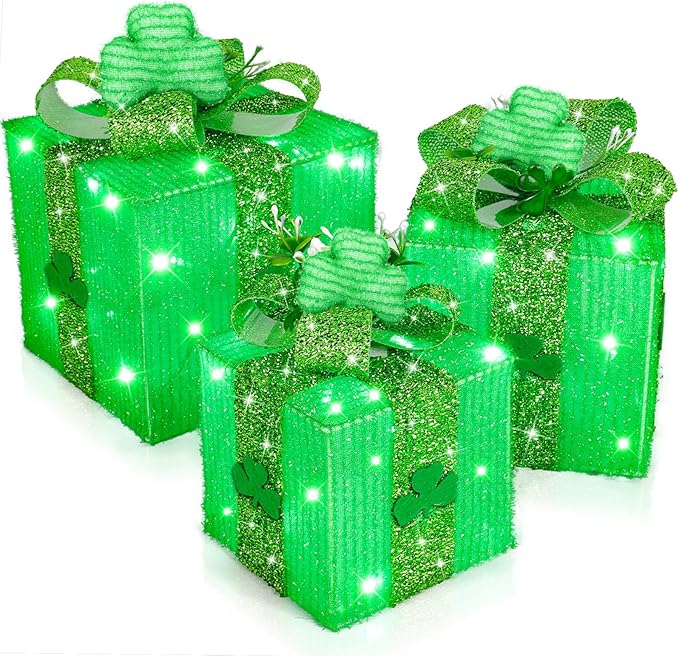 Timer & 8 Mode 3 Pack St Patricks Day Decorations Lighted Gift Boxes with 3D Shamrocks 60 LED Glitter Tinsel St Patrick's Day Decor Battery Operated Light Up Clover Present for Outdoor Home Room Decor