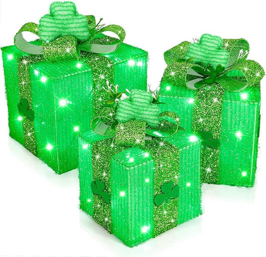 Timer & 8 Mode 3 Pack St Patricks Day Decorations Lighted Gift Boxes with 3D Shamrocks 60 LED Glitter Tinsel St Patrick's Day Decor Battery Operated Light Up Clover Present for Outdoor Home Room Decor