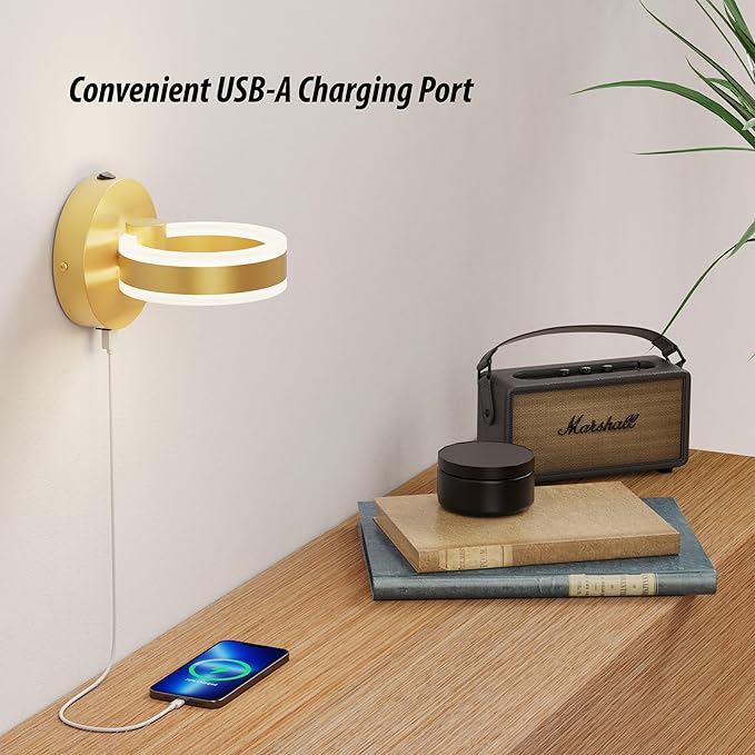 Wall Lamp LED Wall Sconce Rotatable Up-Down Sconces Wall Lighting with Built-in Switch and USB Charging Port 110 Volt AC Hardwired Wall Light (Gold)