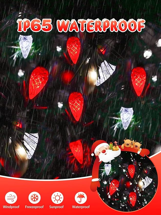 C6 Solar Christmas Lights Outdoor, 100 LED 33FT Christmas Decorations Outdoor Waterproof, Solar String Lights for Outside with 8 Modes, Fairy Twinkle Light for Tree Garden Yard Decor (Red and White)