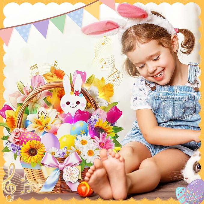 3D Pop Up Easter Flower Basket Card with Music & Lights – Bunny, Eggs, Lily, Tulip, Daisy Bouquet – Envelope Included – Gift & Decoration