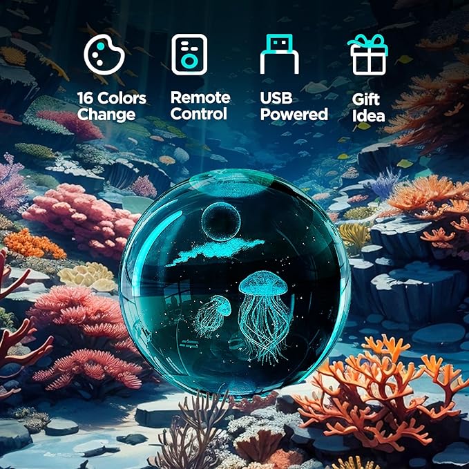 3D Jellyfish Crystal Ball Night Light with 16 Color Led Wooden Base Large 3.15 Inch Glass Ball Lamp with Remote for Birthday Christmas Cool Jellyfish Decor Gifts for Boys Girls