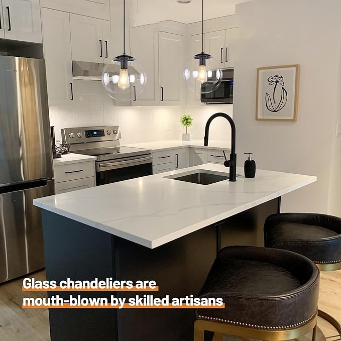 KoKo&Yukina 6-inch mini Modern Globe Pendant Light Clear Glass with Black Finish Contemporary Mid Century Adjustable Hanging Light Fixture for Living Room Bedroom Kitchen Island (Bulb Incl.)