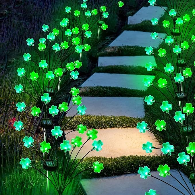 St. Patrick's Day Shamrock Pathway Lights, 8 in 1 Lucky Clover Light with 2 Lighting Modes, Green Firefly Outdoor Decor Solar Powered Swaying Lights Decor for Lawn Yard Garden (Green - Shamrock)
