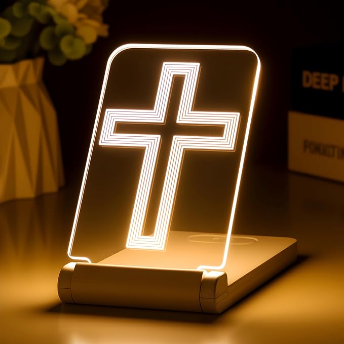 lacte & melle Modern Cross Night Light Christian Gifts for Men Teen Boys - Minimalist 3D LED Lamp, Dimmable Foldable Religious Room Decor with Timer, Baptism Confirmation Christmas Gift
