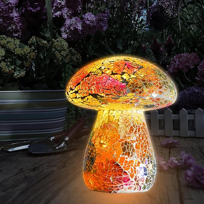 Mosaic Mushroom Garden Lights - Table Lamp Outdoor Decor Waterproof Night Light Lawn Decor Statue for Patio, Party, Yard (Red)