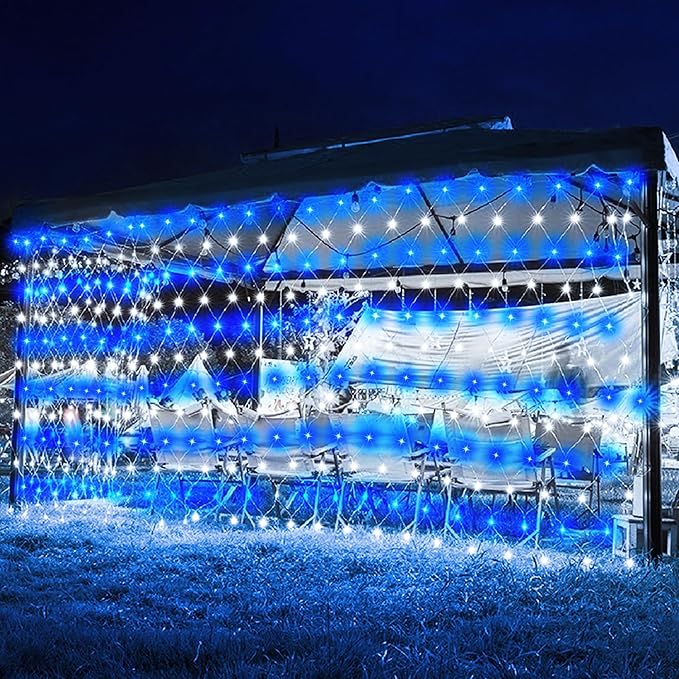 weillsnow 198 Led 9.8ft x 6.6ft 198 LED Net Lights, Connectable 8 Lighting Twinkle Modes Mesh Lights for Christmas Outdoor Patio Garden Bush Fence Decorations (Blue & White)