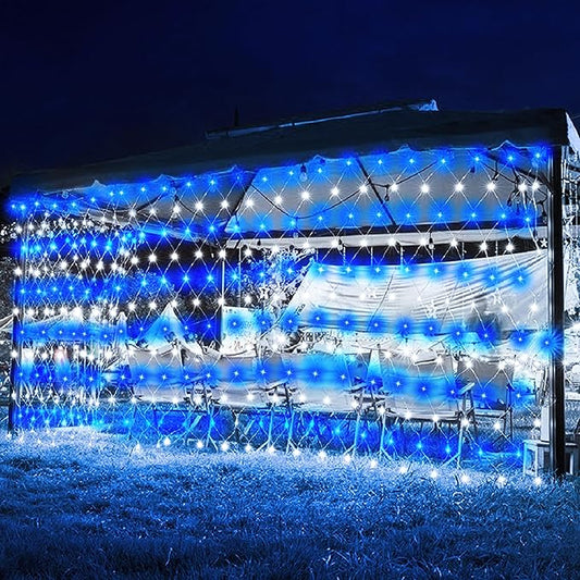 weillsnow 198 Led 9.8ft x 6.6ft 198 LED Net Lights, Connectable 8 Lighting Twinkle Modes Mesh Lights for Christmas Outdoor Patio Garden Bush Fence Decorations (Blue & White)