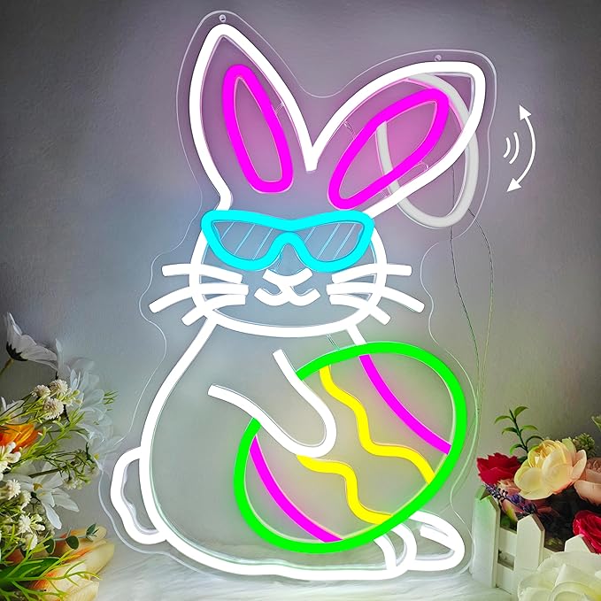 Easter Bunny Neon Sign Dimmable Easter Ear Waving Neon Light for Wall Decor Led Animated Bunny Ear Decoration for Window Light Up Sign for Bedroom
