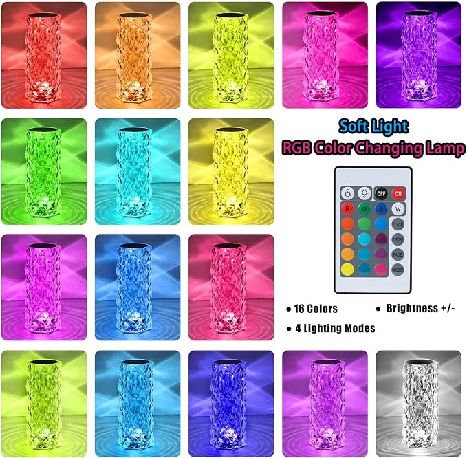VoMii Crystal Lamp Touch, RGB 16 Colors Changing Night Light with Remote, Crystal Table Lamp Bedside Lamp, Rose Wave Diamond Night Light, Ambient Lighting for Bedroom/Game Room/Dinning Room