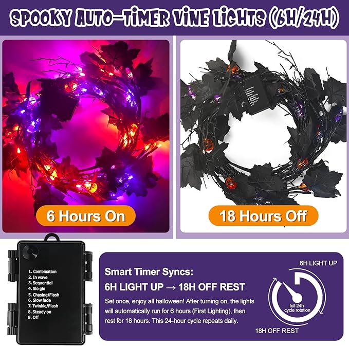 Halloween Garland with Lights, 6FT 54 LED Pumpkin Bat Willow Vine Twig Light Orange Purple Indoor Halloween Lights Decorations, 8 Modes Mansion Fireplace Wall Halloweens Light Up Garland for Mantle