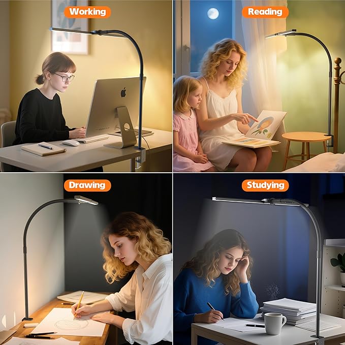 Desk Lamp Home Office,15W Dual Screen Monitor Light with Clamp,Adjustable Gooseneck Computer Light with Stepless Color Temp and Dimming for Architect Work (Black)