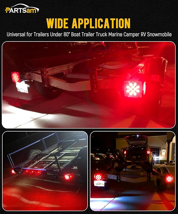 Partsam 12V Submersible Square Led Trailer Lights, Red White LED Stop Turn Tail License Side Marker Running Light Lamp for Trailers Under 80" Boat Trailer Truck, IP68, Red Clear Lens