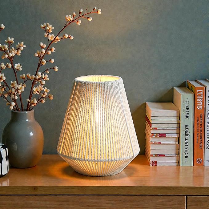JHY DESIGN Woven Lampshade Table Lamp 8"H Cotton Rope Bedside Lamp Cordless Small Battery Operated Lamp Decorative Bedside Lamp with 6 Hours Timer for Bedroom Living Room Weddings Parties Patio Events