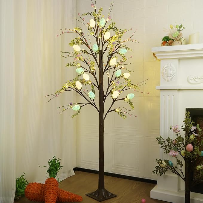 DR.DUDU 5FT Lighted Easter Tree with Timer, Easter Decorations for Home & Porch, Pre-Lit Egg Trees with LED Lights & Colorful Eggs, Indoor Outdoor Spring Decor Party & Office Decoration