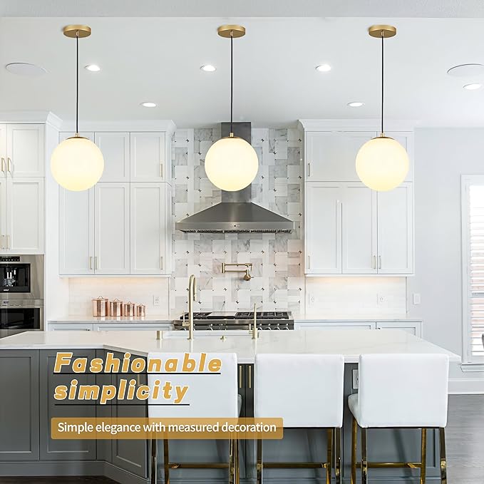 KoKo&Yukina 10" Globe Pendant Light Gold Mid Century Pendant Light Glass Globe Mid Century Modern Light Fixture Brushed Brass Finished with Milk Glass Lampshade for Dining Room Bedroom