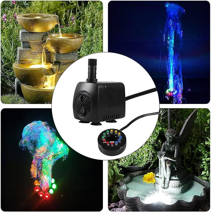 15W 220 GPH Submersible Fountain Water Pump Ultra Quiet Adjustable Pump (800L/H) with 12 Colorful Automatic Color Changing LED Lights for Water Feature Aquarium fish tanks Outdoor Fountain