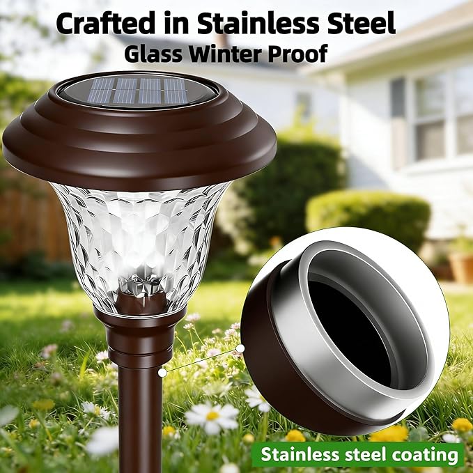 BEAU JARDIN 8 Pack Solar Pathway Lights White+Color Changing Stainless Steel 3 Mode Outdoor Multicolor Metal Solar Powered Waterproof Glass for Garden Landscape Path Yard Walkway Driveway Bronze