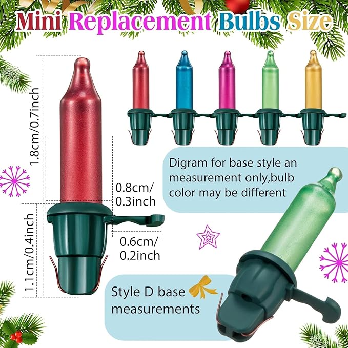 Mudder 60 Count Christmas Tree Replacement Light Bulbs 2.5v 0.425 Watt Replacement Bulb Mini Incandescent Wire String Lights Decoration for Prelit Xmas Tree(Green Base with Pastel Color Bulb)