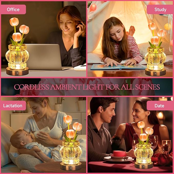 Tulip Table Lamp, Rechargeable Cordless Touch Dimming Artificial Tulip Flower Desk Lamp, LED Crystal Lamp Flower Bedside Night Light, Romantic Gifts for Girl Women Mom (Pink - Tulip)
