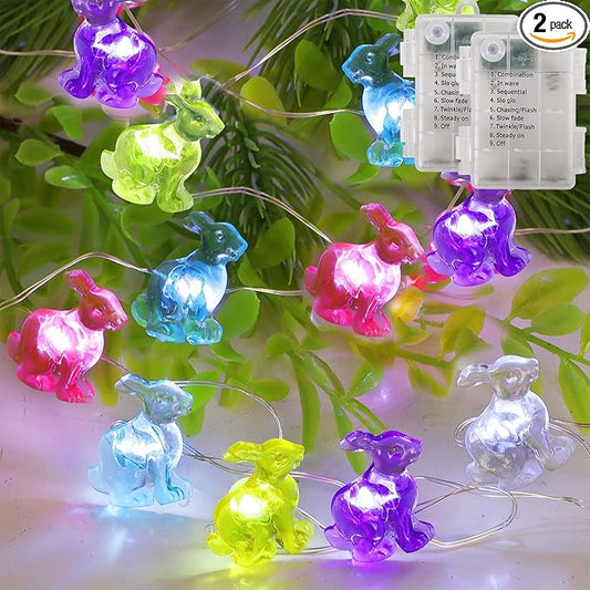 Easter String Lights, 50LED 16FT Each Colorful Bunny Decorative Fairy Lights Battery Operated, Rabbit Shaped Lights Indoor Outdoor, 8 Lighting Modes & Timer, Waterproof for Easter Party Home, 2 Pack