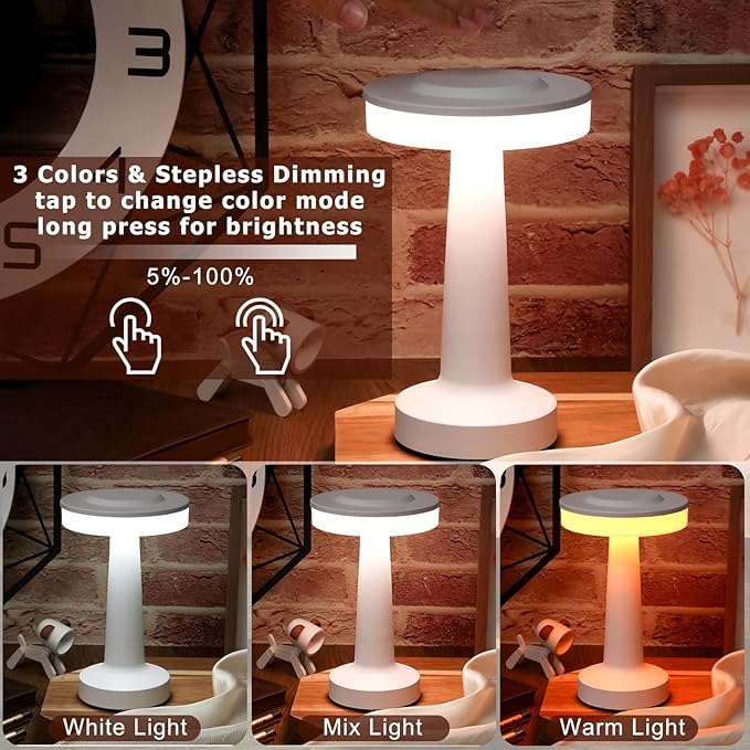 Riakrum 2 Pcs LED Portable Cordless Table Lamp with Touch Sensor 3 Color Stepless Dimming Rechargeable Battery up to 15 Hours Cordless Table Light Wireless Lamp for Nursery (White)