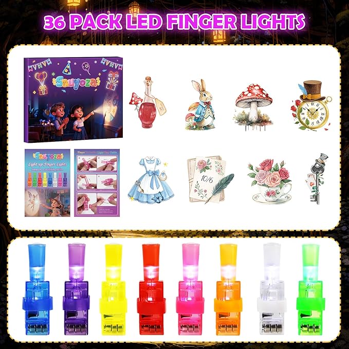 36 Pack Alice Adventure Party Favors LED Finger Lights, Glow in The Dark Wonderland Birthday Gifts, Goodie Bag Stuffers Classroom Treasure Box Prizes
