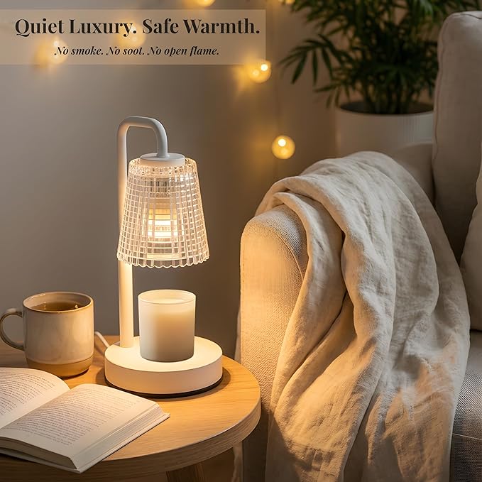 Elegant Electric Candle Warmer Lamp with Timer, Minimalistic Glass Shade, Adjustable Dimmer, Flameless Candle Warmers for Unique Home Decor, Cozy Gifts for Easter & Housewarming (White)