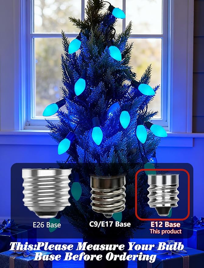 25-Pack C7 Blue Christmas Replacement Light Bulbs, 5W C7/E12 Candelabra Base Night Light Bulbs for Outdoor String Lights, Christmas Decorations, Patio and Party Lighting