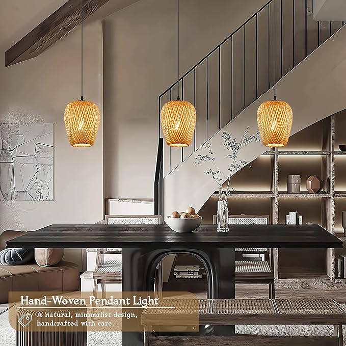 Wicker Pendant Lights Bamboo Pendants Light Boho Chandelier Rattan Pendant Wicker Light Fixture Woven Pendants Lights for Kitchen Island Living Room Dining Room (Bulb Incl.)