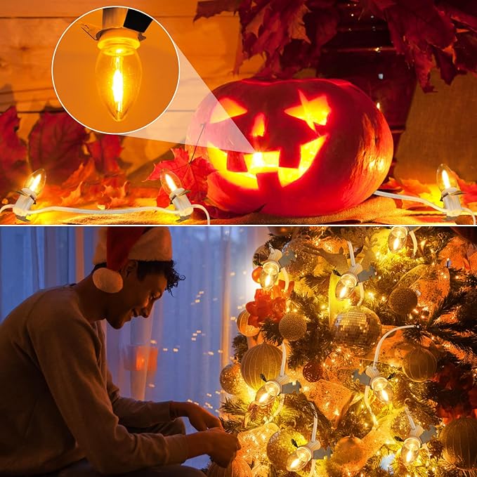 C7 Accessory Cord with 15 LED Light Bulbs and Outlet Christmas Village Light 17.7 FT with Spare Fuse Warm White Lamp for Christmas Village Houses Pumpkin Lamp Holiday Decor