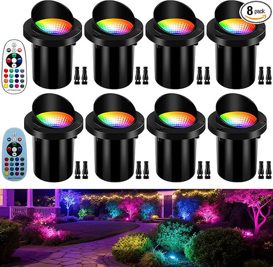 8 Pack Low Voltage Christmas Outdoor Landscape Lighting, RGBW Shielded Well Lights,Color Changing IP67 Waterproof Paver Light Pathway Light,LED Outdoor In-Ground Lights for Garden Yard Fence Deck