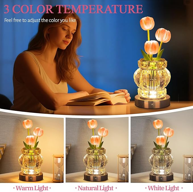 Tulip Table Lamp, Rechargeable Cordless Touch Dimming Artificial Tulip Flower Desk Lamp, LED Crystal Lamp Flower Bedside Night Light, Romantic Gifts for Girl Women Mom (Pink - Tulip)