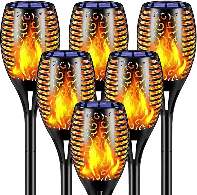 solar outdoor lights, 6Pack Solar Torch Light with Flickering Flame, Garden Lights Waterproof for Halloween Decor, Tiki Torches for Outside, Luces Solares para Exteriores Pathway Yard Garden Decor.