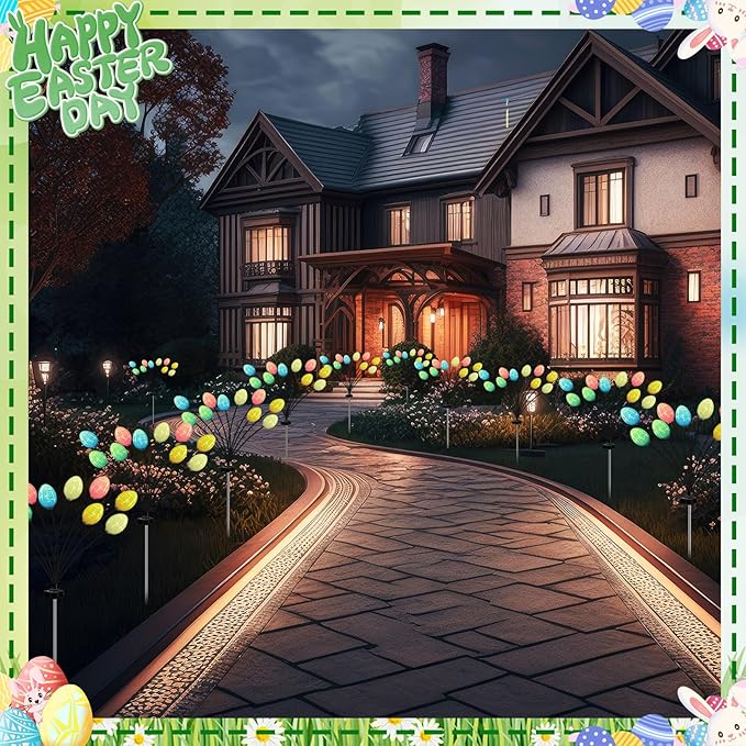 Baquler 6 Pack 60 LED Easter Eggs Solar Lights Outdoor Waterproof Solar Firefly Outdoor Easter Lights with Stake for Yard Garden Path Lawn Party Patio Pathway Decorations