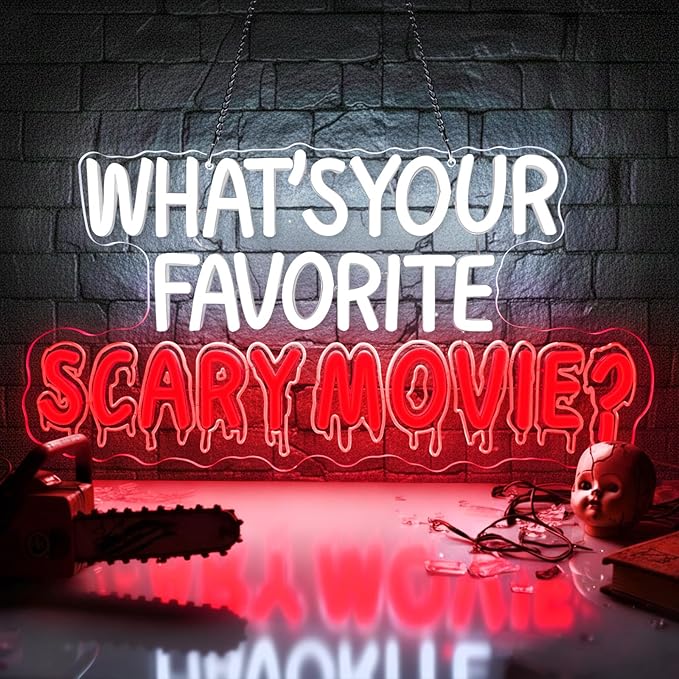 What's Your Favorite Scary Movie Neon Sign,Horror Movies Neon Signs For Wall Decor,LED Sign Wall Decor for Home,Movie Room,USB-Powered with Dimmer Function,for Spooky Season and Horror Fans