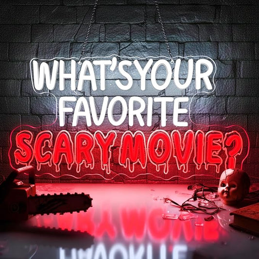 What's Your Favorite Scary Movie Neon Sign,Horror Movies Neon Signs For Wall Decor,LED Sign Wall Decor for Home,Movie Room,USB-Powered with Dimmer Function,for Spooky Season and Horror Fans