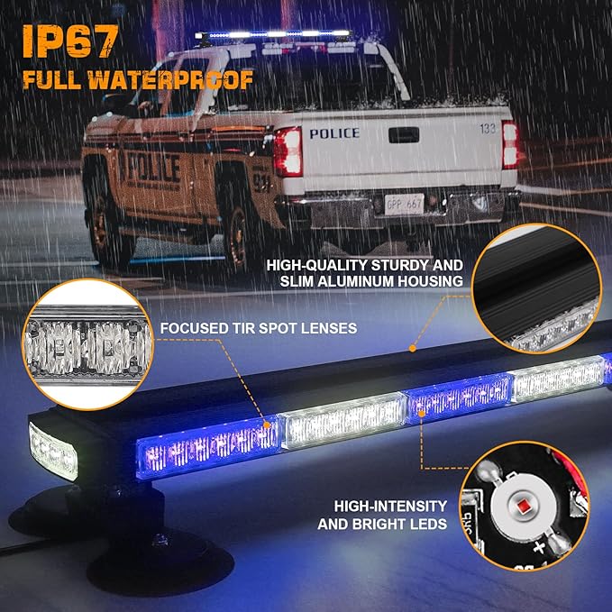 XRIDONSEN 37" 104 LED Roof Top Blue White Emergency Magnetic Police Firefighter Traffic Advisor Strobe Light Bar Warning Flashing Safety Lights w/Controller for Vehicles POV Trucks