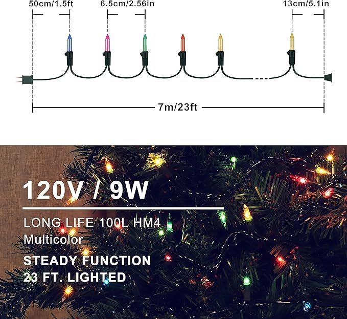 Hopolon Mini Christmas Lights, 2 Pack 23ft 100L String Lights, 120V UL Plug Extendable Xmas Tree Lights for Christmas, Patio, Home, Party, Holiday, Garden, Indoor/Outdoor Decor(2pcs Multicolor)