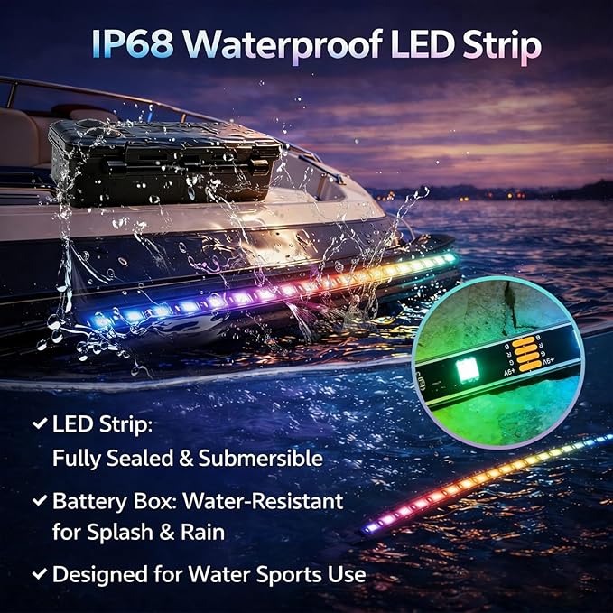 Battery Powered Boat Lights, 2 Pcs 8FT IP68 Submersible RGB Marine LED Strip Lights with Remote, Interior Courtesy Deck Lighting for Kayak SUP Canoe Pontoon, Jon Boat, Bass Boat, Fishing Safety