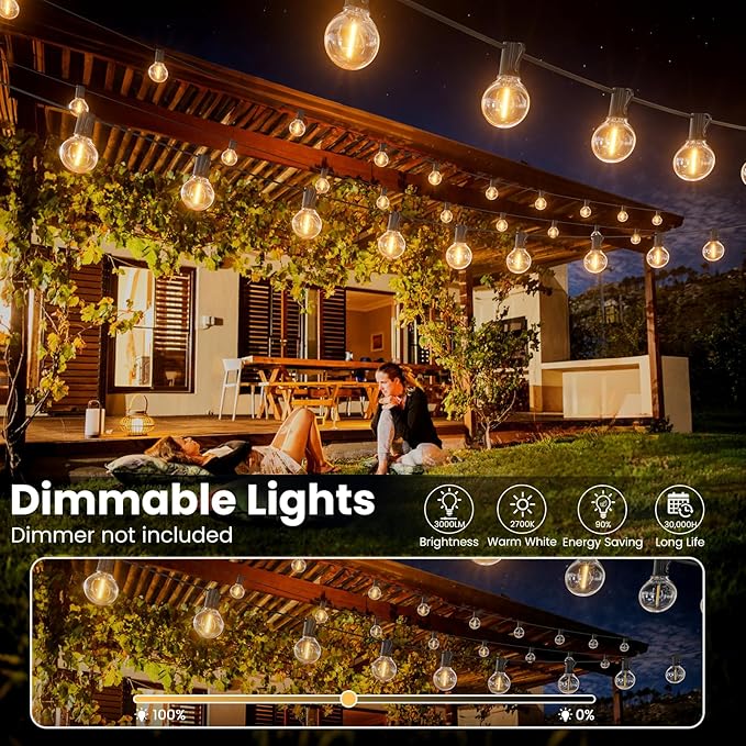 RTTY Outdoor String Lights 50ft, G40 Led Patio Globe Lights with 26pcs Plastic Bulbs, Shatterproof Waterproof Connectable Hanging for Porch Cafe Bistro Backyard Gazebo Balcony Deck Party