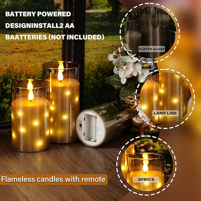Real Wax Flameless Candles Glass,Battery Operated LED Candles with Flickering Flame,Glass Shell,Interior Star Light Decoration Set of 3 Grey (D 3"×H 4" 5" 6") for Home Decor,Holiday Decoration