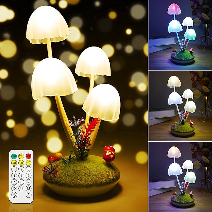 Mushroom Lamp Cute Night Light, Rechargeable Mushroom Decor Small Table Lamps, Dual-Colors Bedside Lights with Dimmable Remote & Timer, Gift for Kids Teen Girls Bedroom