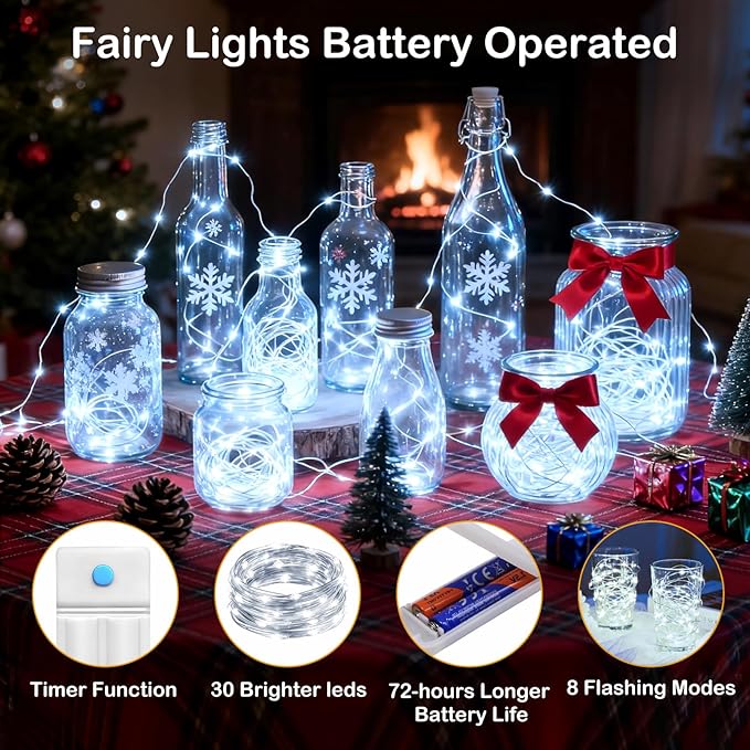 ZNYCYE 10 Pack Fairy Lights Battery Operated,10 ft 30 LED String Lights 8 Modes with Timer Waterproof Fairy Lights for DIY Wedding Party Bedroom Mason Jars Christmas Decorations (Cool White)